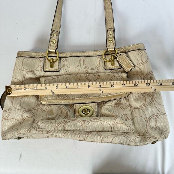 Coach Penelope Carryall Signature Beige and Gold Linen Handbag - Picture 12 of 14